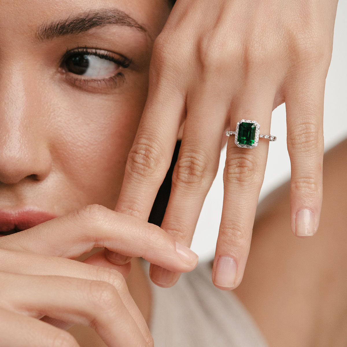 Astra 1.50ct Lab Emerald and Diamond Halo Shoulder Set Octagon Cut Ring in Silver